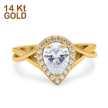 14K Yellow Gold Teardrop Pear Halo Twist Infinity Shank Art Deco Engagement Wedding Bridal Ring Round Simulated CZ Size-7